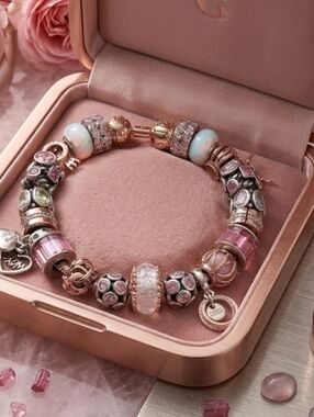 Pandora 14K Rose Gold & Pink Mixed Charm Bracelet - Size 8.3